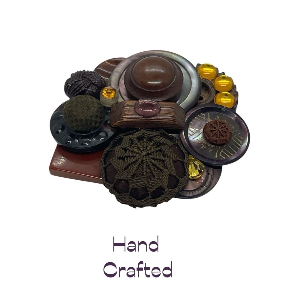 Hand Crafted Brown Gold Antique Button Reimagined Brooch NWT